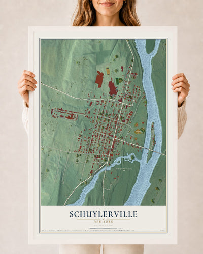 Schuylerville, New York map print, 24" x 36" W/ White Ayous Wood Frame mockup