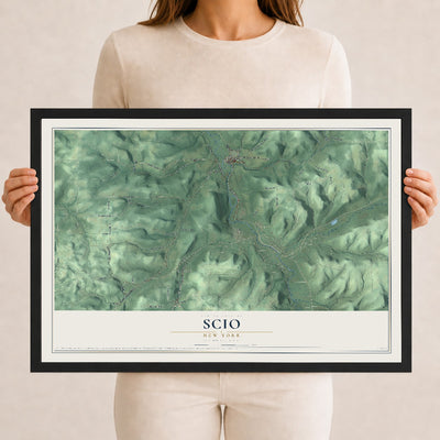 Scio, New York map print, 12" x 18" W/ Black Ayous Wood Frame mockup
