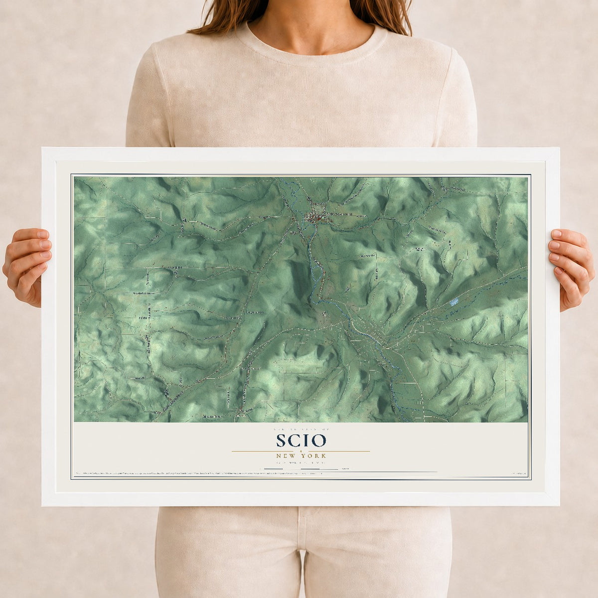 Scio, New York map print, 12" x 18" W/ White Ayous Wood Frame mockup