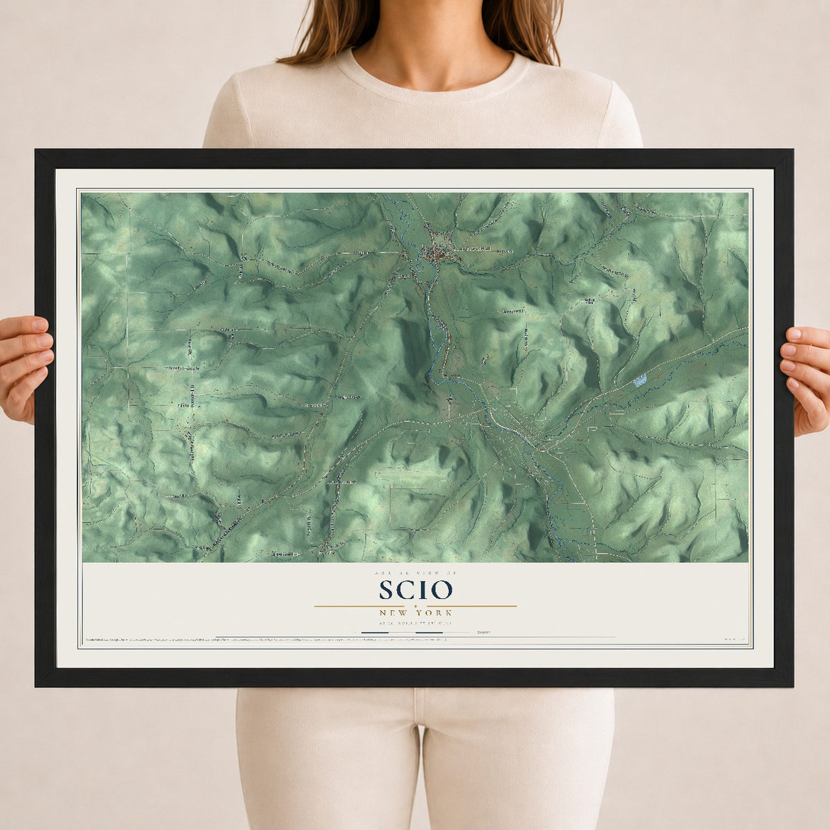 Scio, New York map print, 18" x 24" W/ Black Ayous Wood Frame mockup