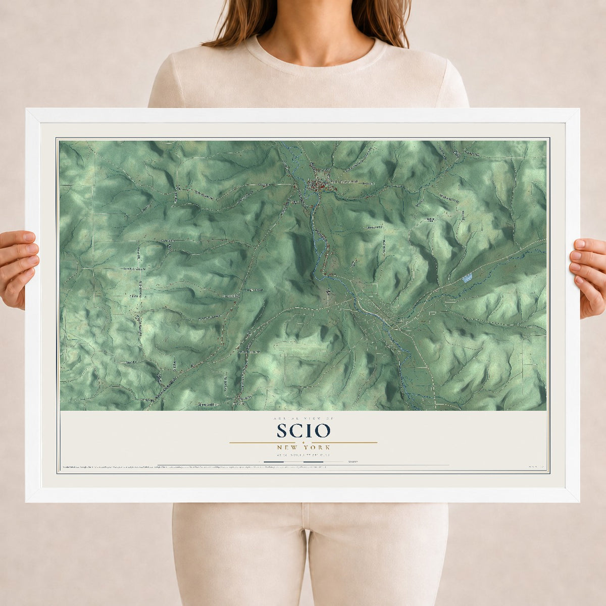Scio, New York map print, 18" x 24" W/ White Ayous Wood Frame mockup