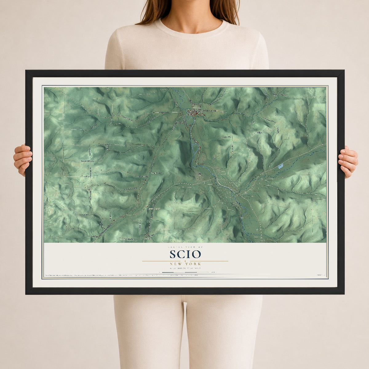 Scio, New York map print, 24" x 36" W/ Black Ayous Wood Frame mockup