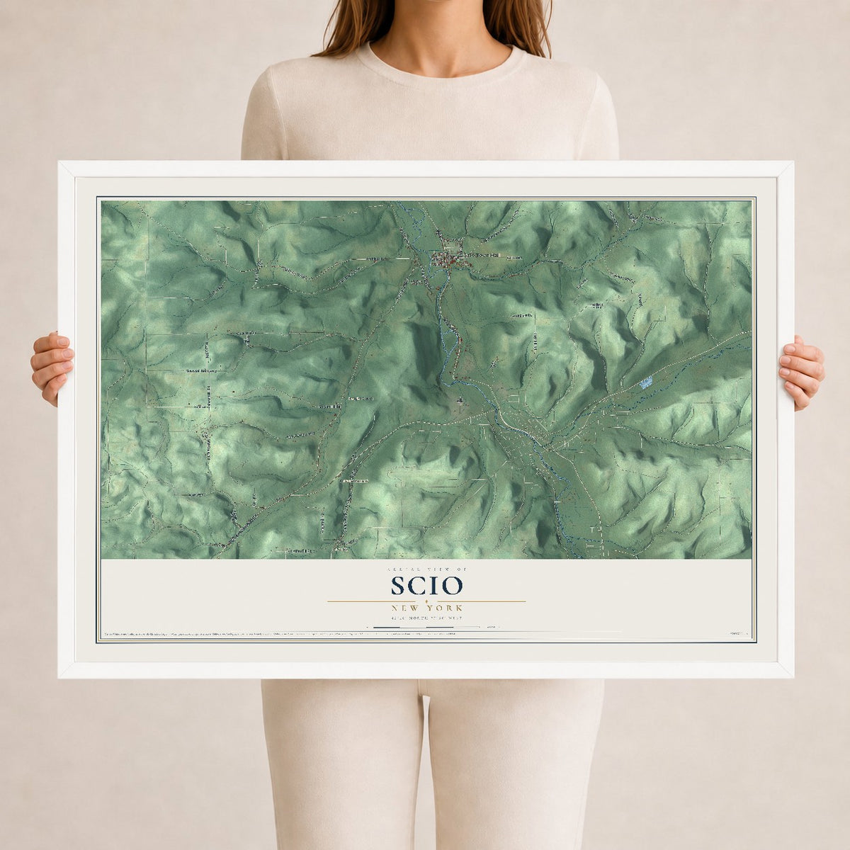Scio, New York map print, 24" x 36" W/ White Ayous Wood Frame mockup
