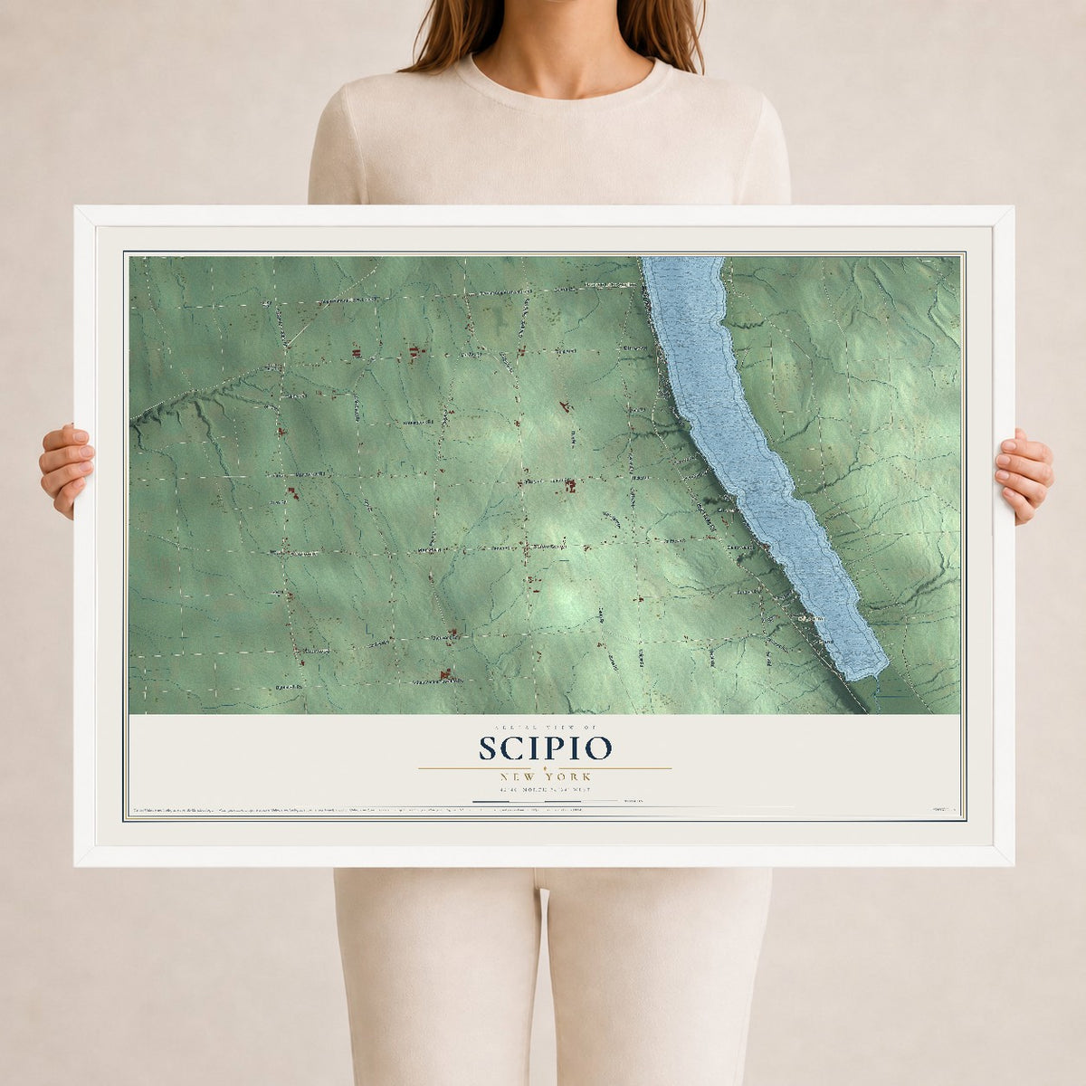 Scipio, New York map print, 24" x 36" W/ White Ayous Wood Frame mockup