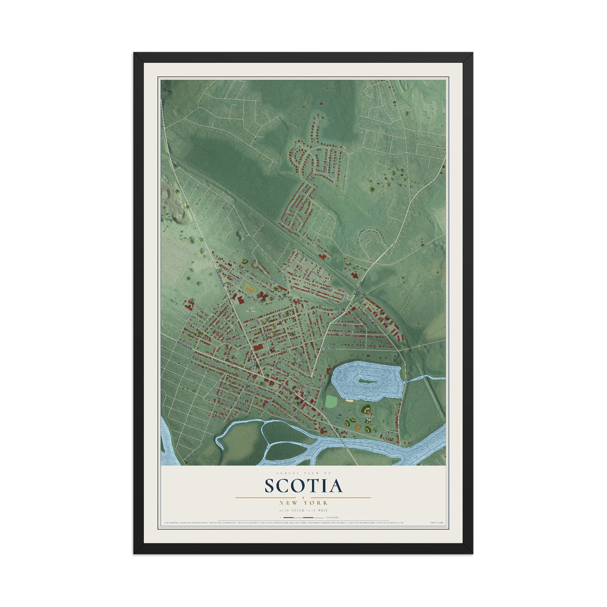 Scotia, New York map print, 12" x 18" W/ Black Ayous Wood Frame mockup