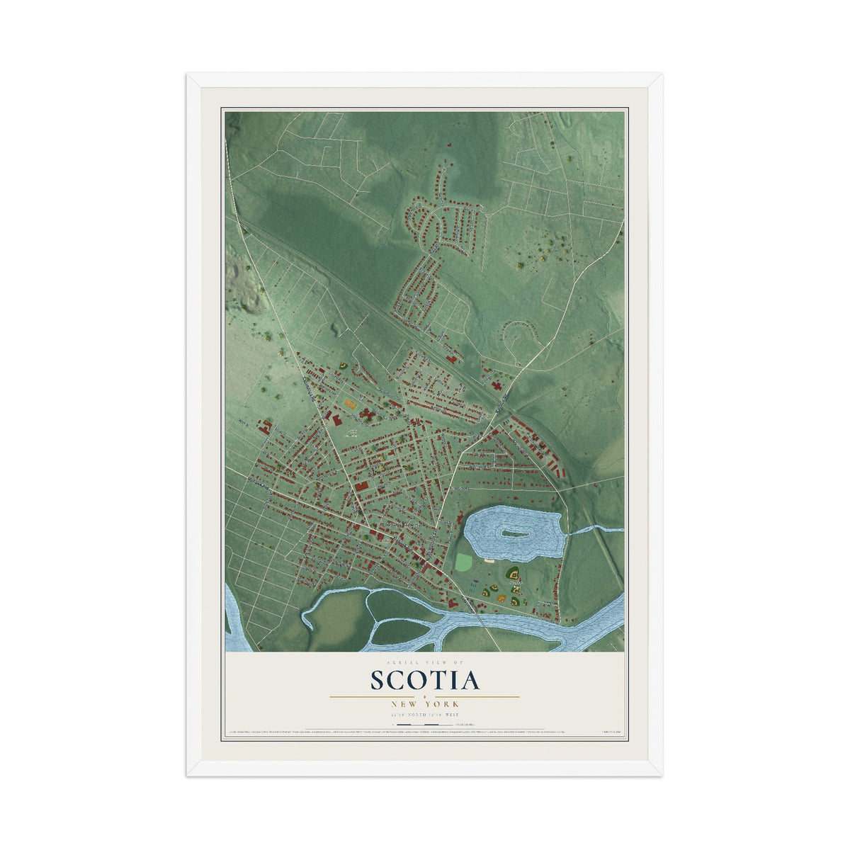 Scotia, New York map print, 12" x 18" W/ White Ayous Wood Frame mockup