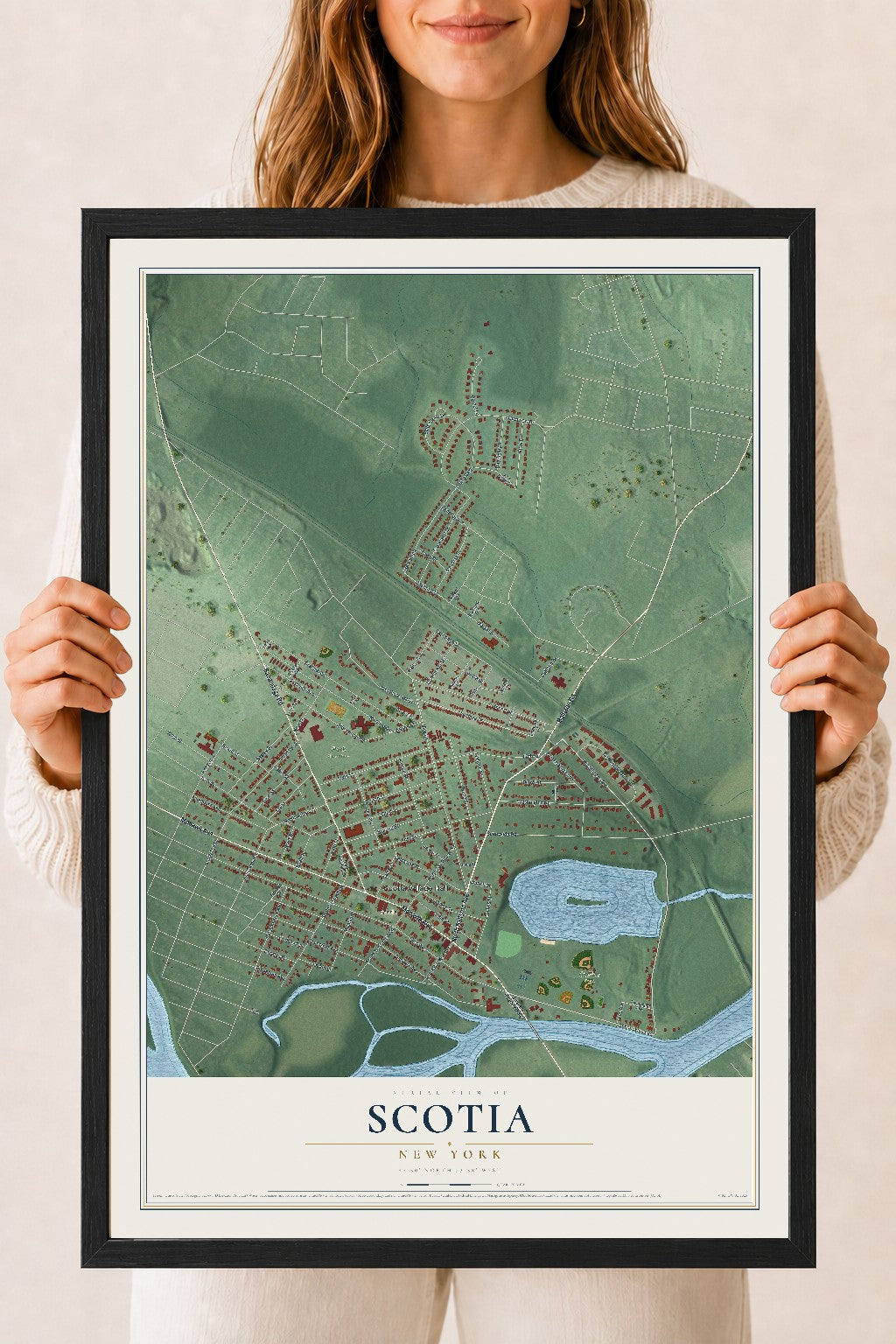 Scotia, New York map print, 18" x 24" W/ Black Ayous Wood Frame mockup