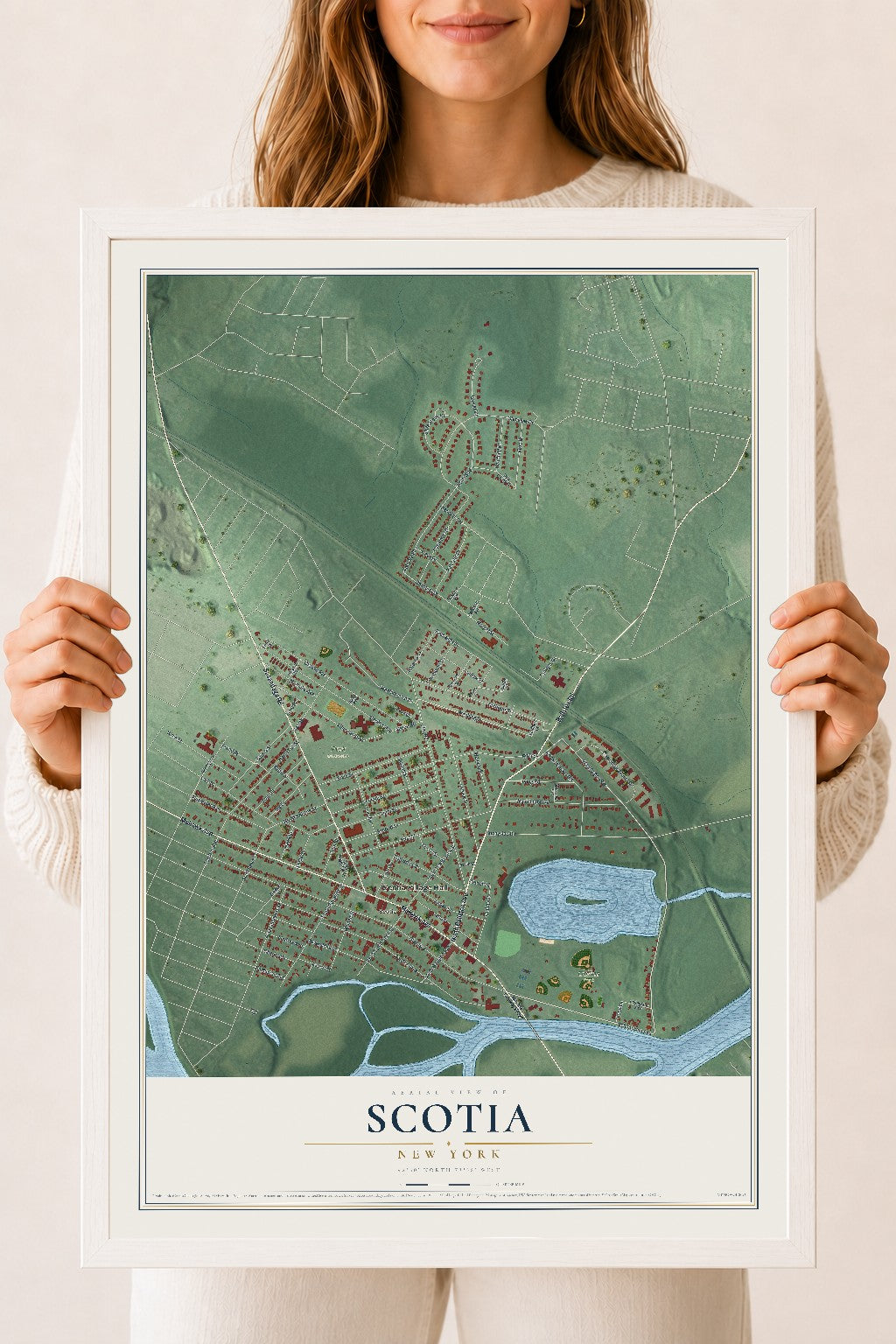 Scotia, New York map print, 18" x 24" W/ White Ayous Wood Frame mockup