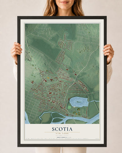 Scotia, New York map print, 24" x 36" W/ Black Ayous Wood Frame mockup