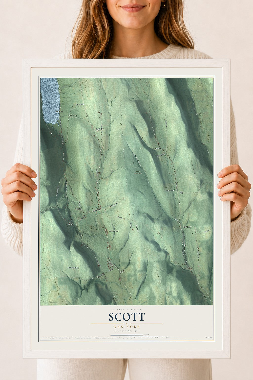 Scott, New York map print, 18" x 24" W/ White Ayous Wood Frame mockup