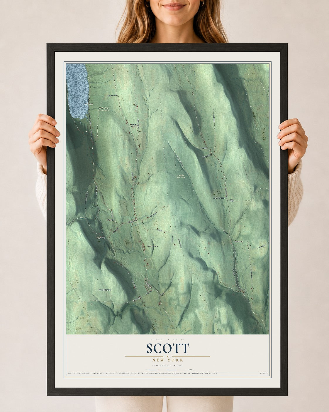 Scott, New York map print, 24" x 36" W/ Black Ayous Wood Frame mockup
