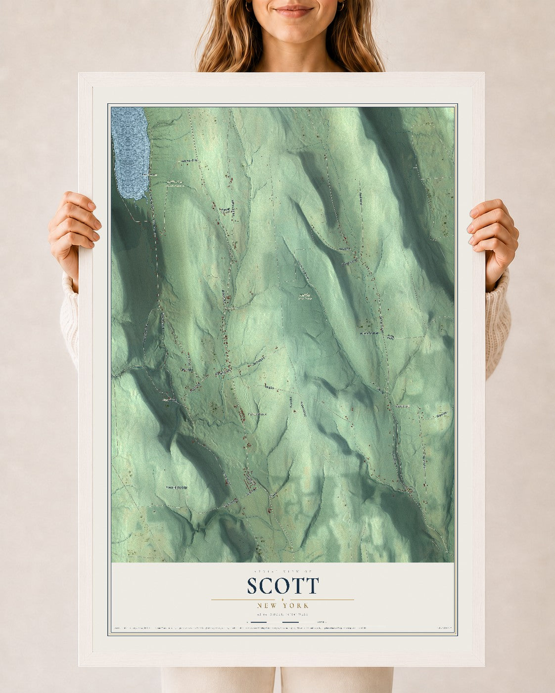 Scott, New York map print, 24" x 36" W/ White Ayous Wood Frame mockup