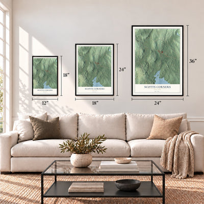 Scotts Corners, New York map in 12 x 18, 18 x 24 and 24 x 36 inch sizes above a sofa
