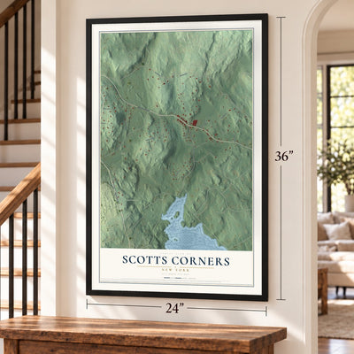 Scotts Corners, New York map, 24 x 36 inch print in a black frame by a staircase