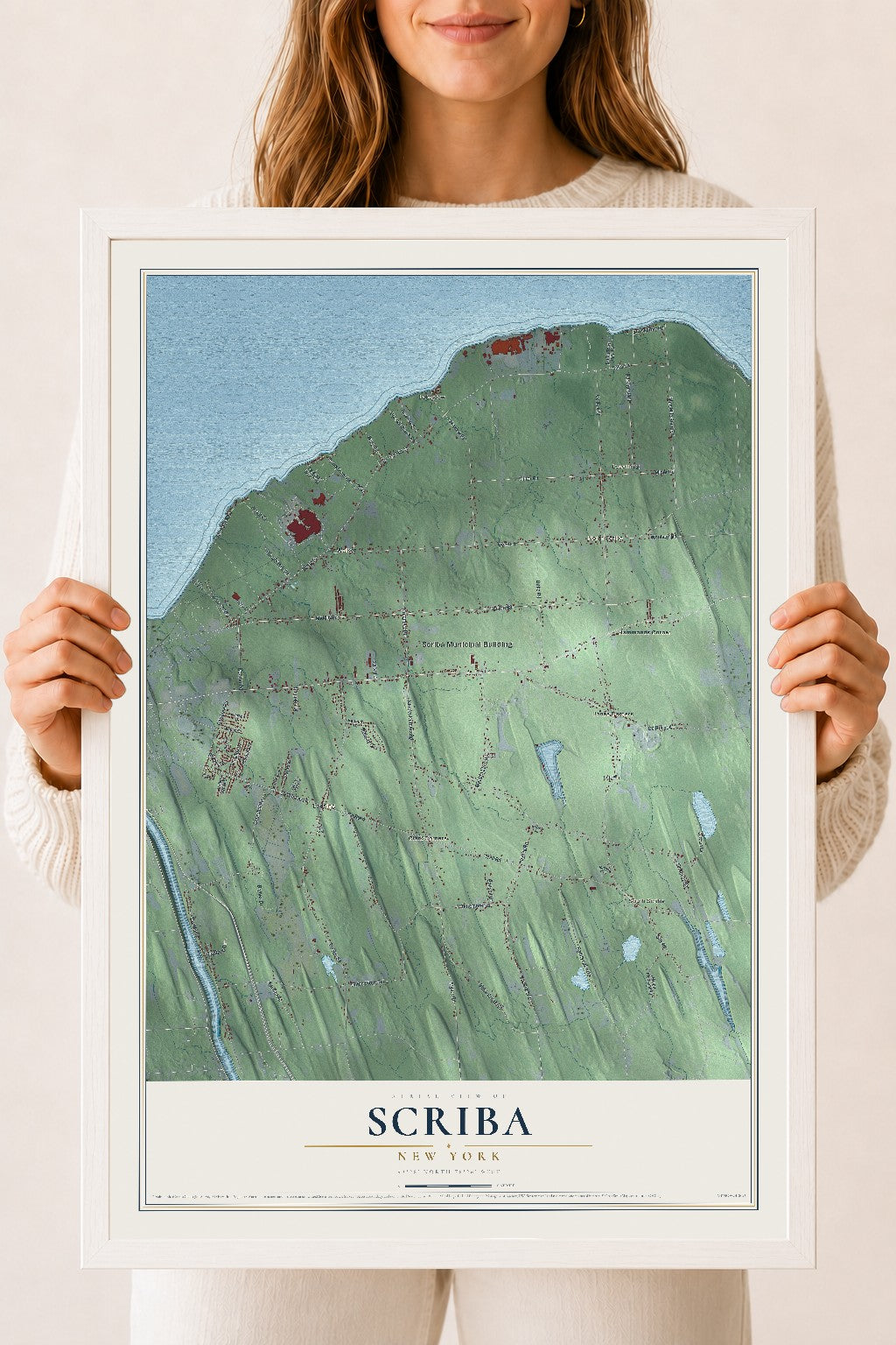 Scriba, New York map print, 18" x 24" W/ White Ayous Wood Frame mockup