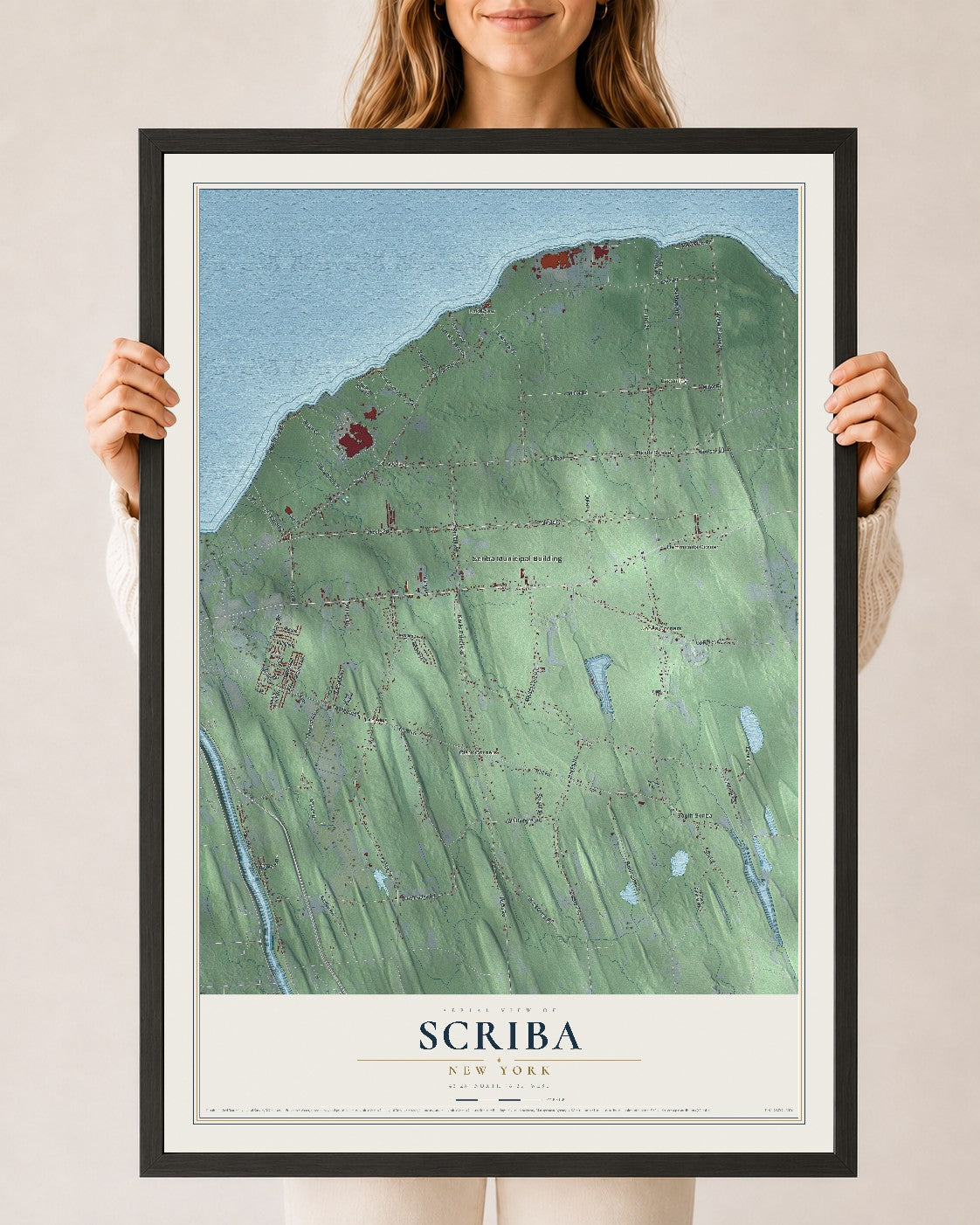 Scriba, New York map print, 24" x 36" W/ Black Ayous Wood Frame mockup
