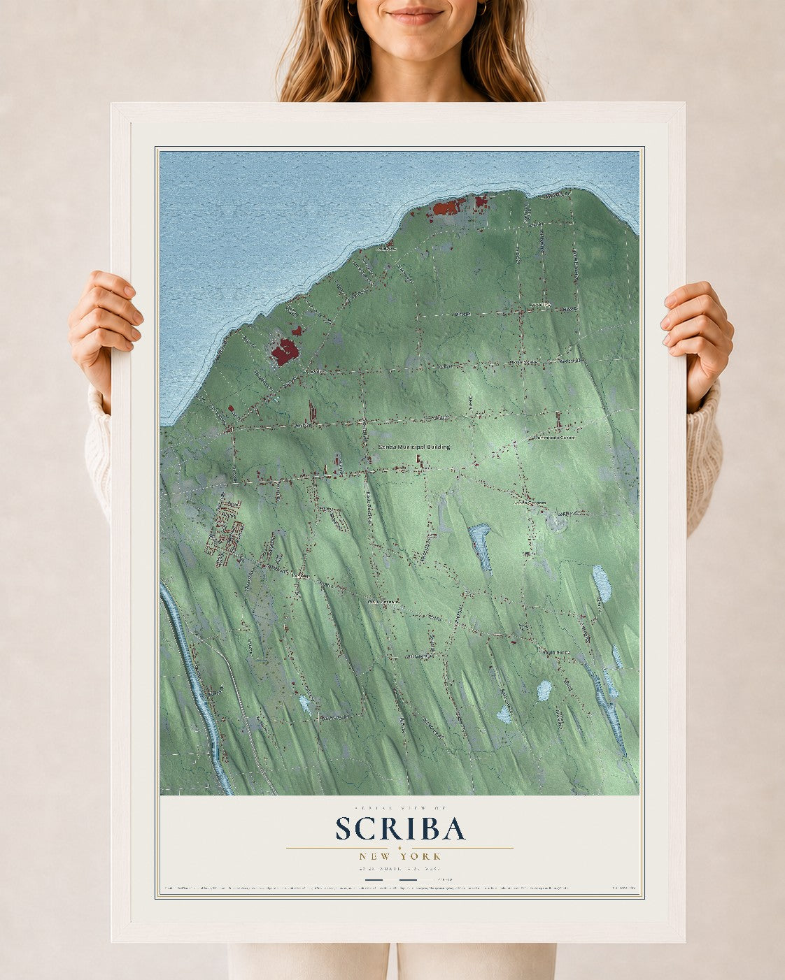 Scriba, New York map print, 24" x 36" W/ White Ayous Wood Frame mockup