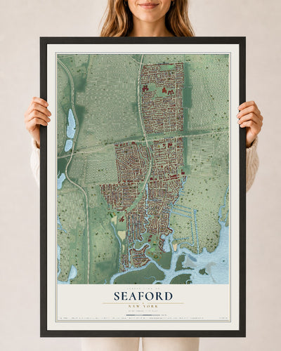 Seaford, New York map print, 24" x 36" W/ Black Ayous Wood Frame mockup