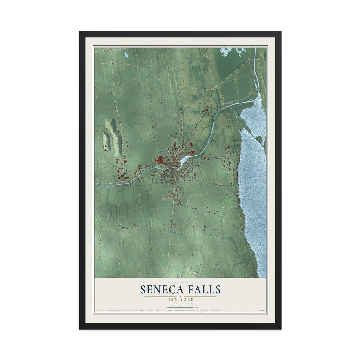 Seneca Falls, New York map print, 12" x 18" W/ Black Ayous Wood Frame mockup
