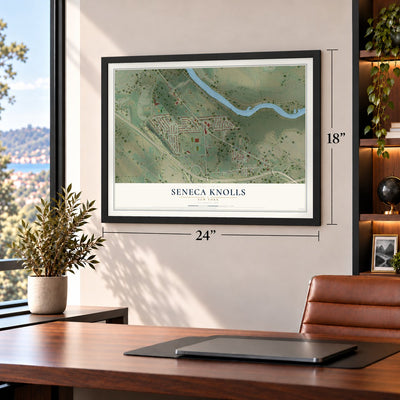 Seneca Knolls, New York map, 18 x 24 inch print in a black frame in a home office