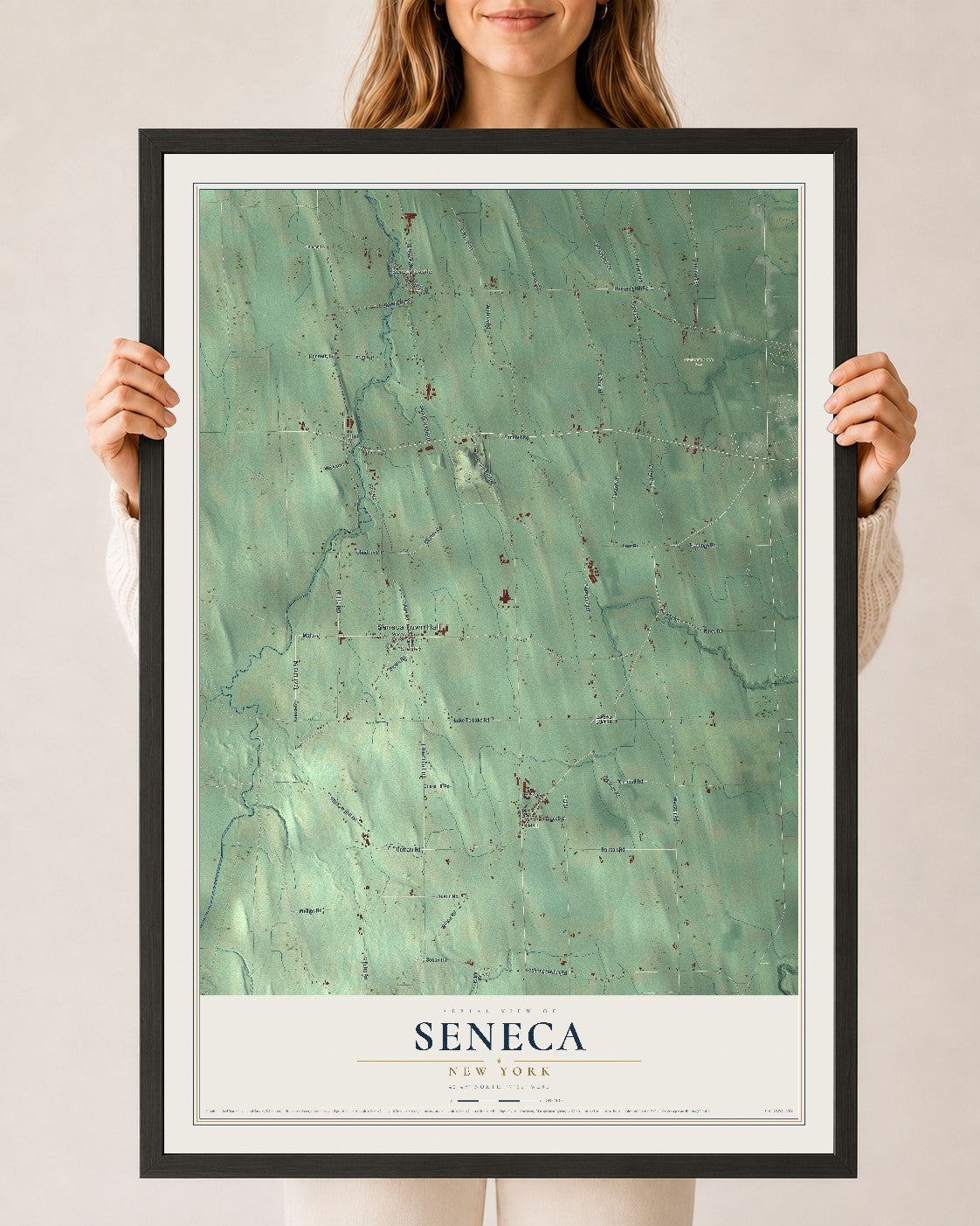 Seneca, New York map print, 24" x 36" W/ Black Ayous Wood Frame mockup