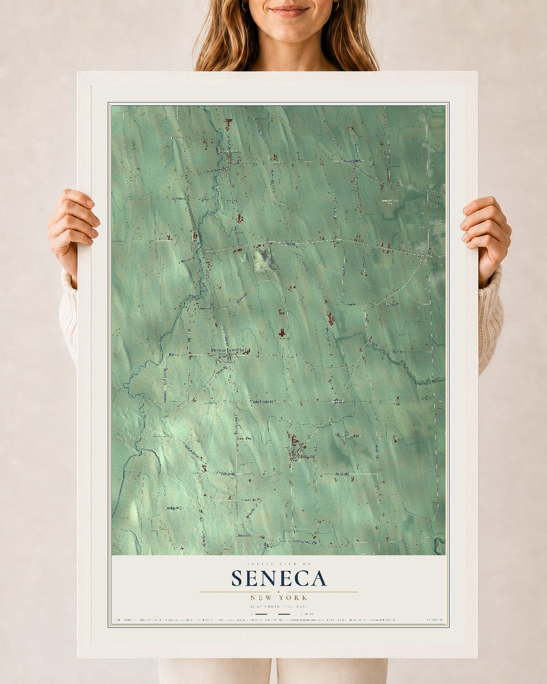 Seneca, New York map print, 24" x 36" W/ White Ayous Wood Frame mockup