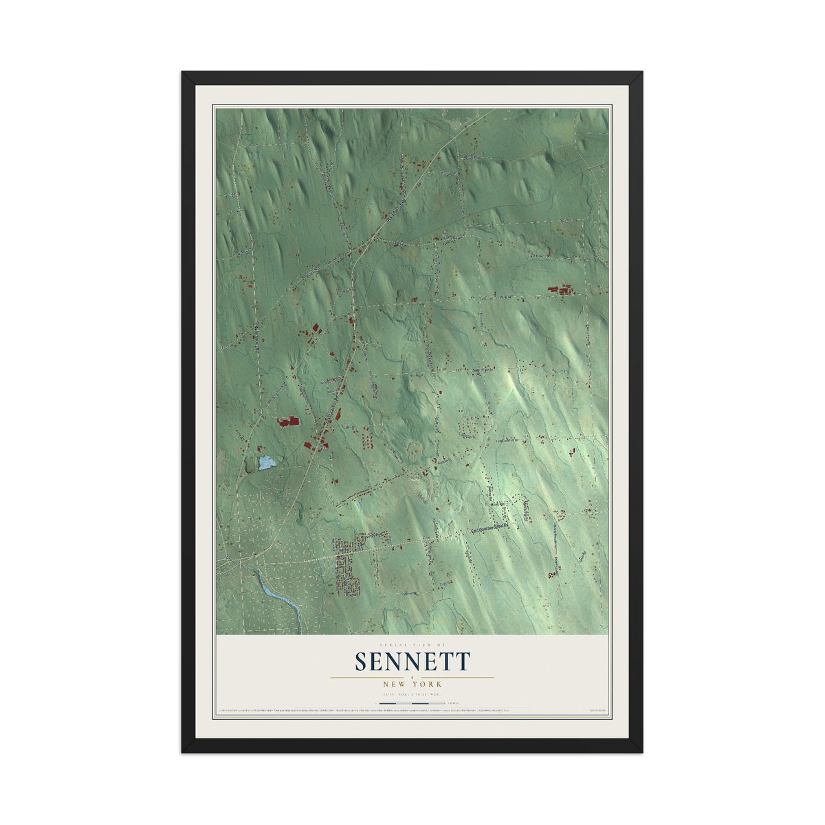 Sennett, New York map print, 12" x 18" W/ Black Ayous Wood Frame mockup