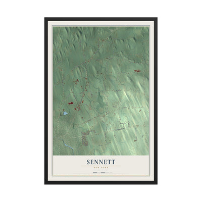 Sennett, New York map print, 12" x 18" W/ Black Ayous Wood Frame mockup