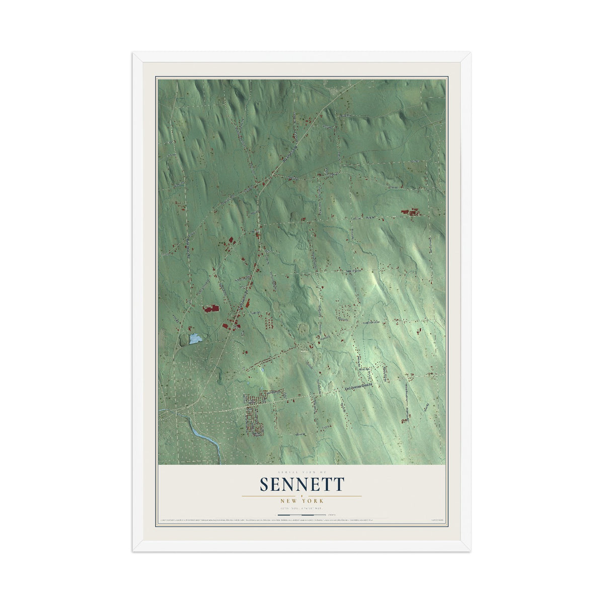 Sennett, New York map print, 12" x 18" W/ White Ayous Wood Frame mockup