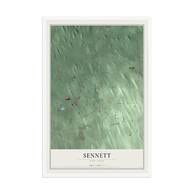 Sennett, New York map print, 12" x 18" W/ White Ayous Wood Frame mockup