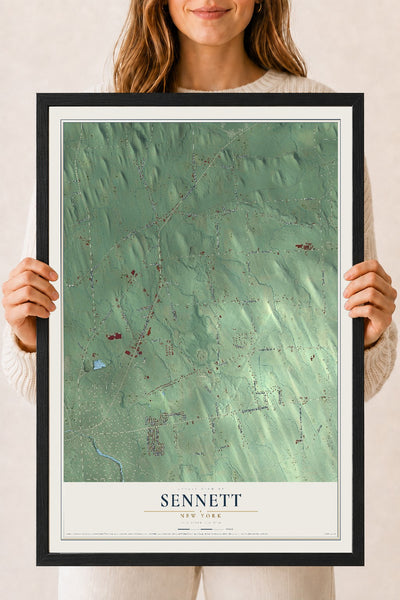 Sennett, New York map print, 18" x 24" W/ Black Ayous Wood Frame mockup