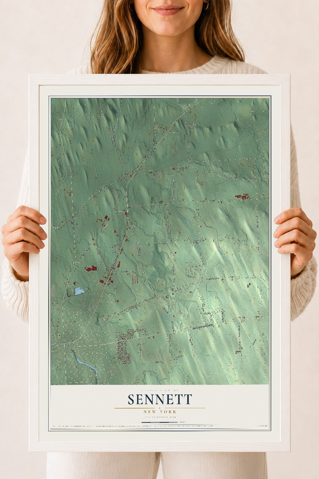 Sennett, New York map print, 18" x 24" W/ White Ayous Wood Frame mockup