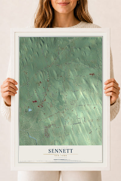 Sennett, New York map print, 18" x 24" W/ White Ayous Wood Frame mockup