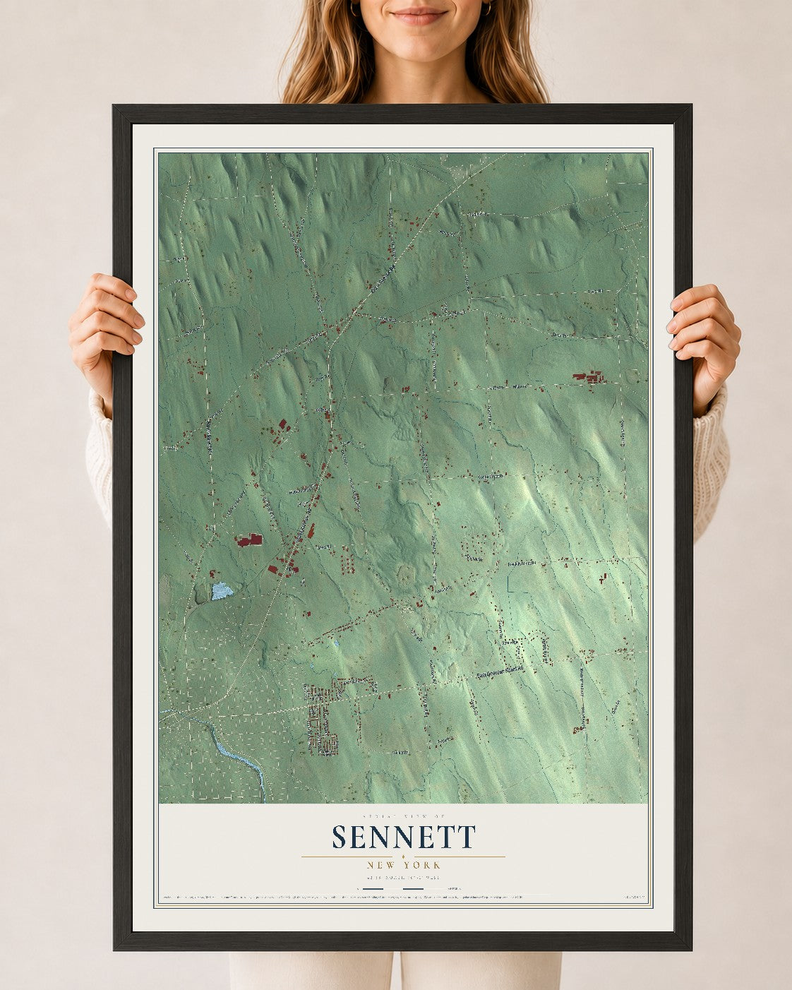 Sennett, New York map print, 24" x 36" W/ Black Ayous Wood Frame mockup