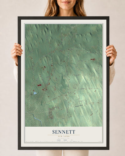 Sennett, New York map print, 24" x 36" W/ Black Ayous Wood Frame mockup