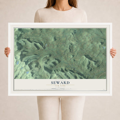 Seward, New York map print, 24" x 36" W/ White Ayous Wood Frame mockup