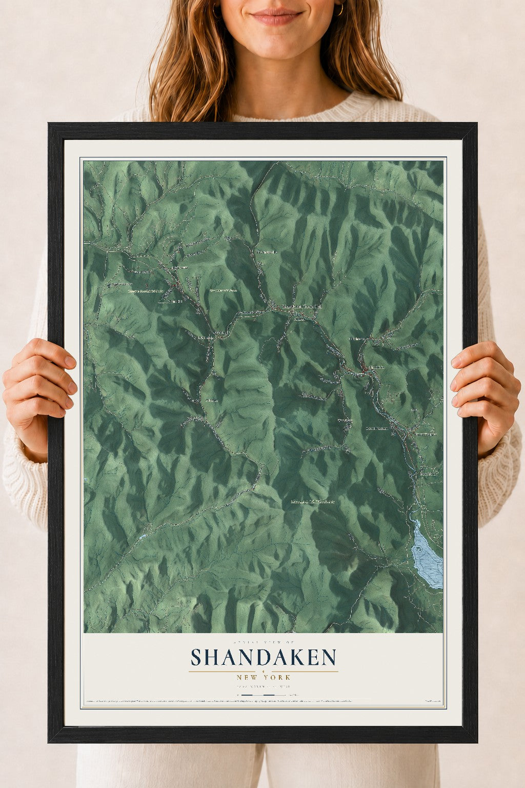 Shandaken, New York map print, 18" x 24" W/ Black Ayous Wood Frame mockup
