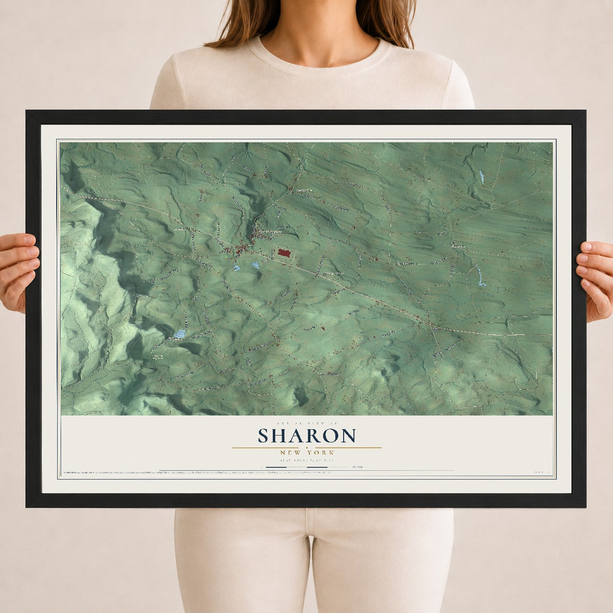 Sharon, New York map print, 18" x 24" W/ Black Ayous Wood Frame mockup