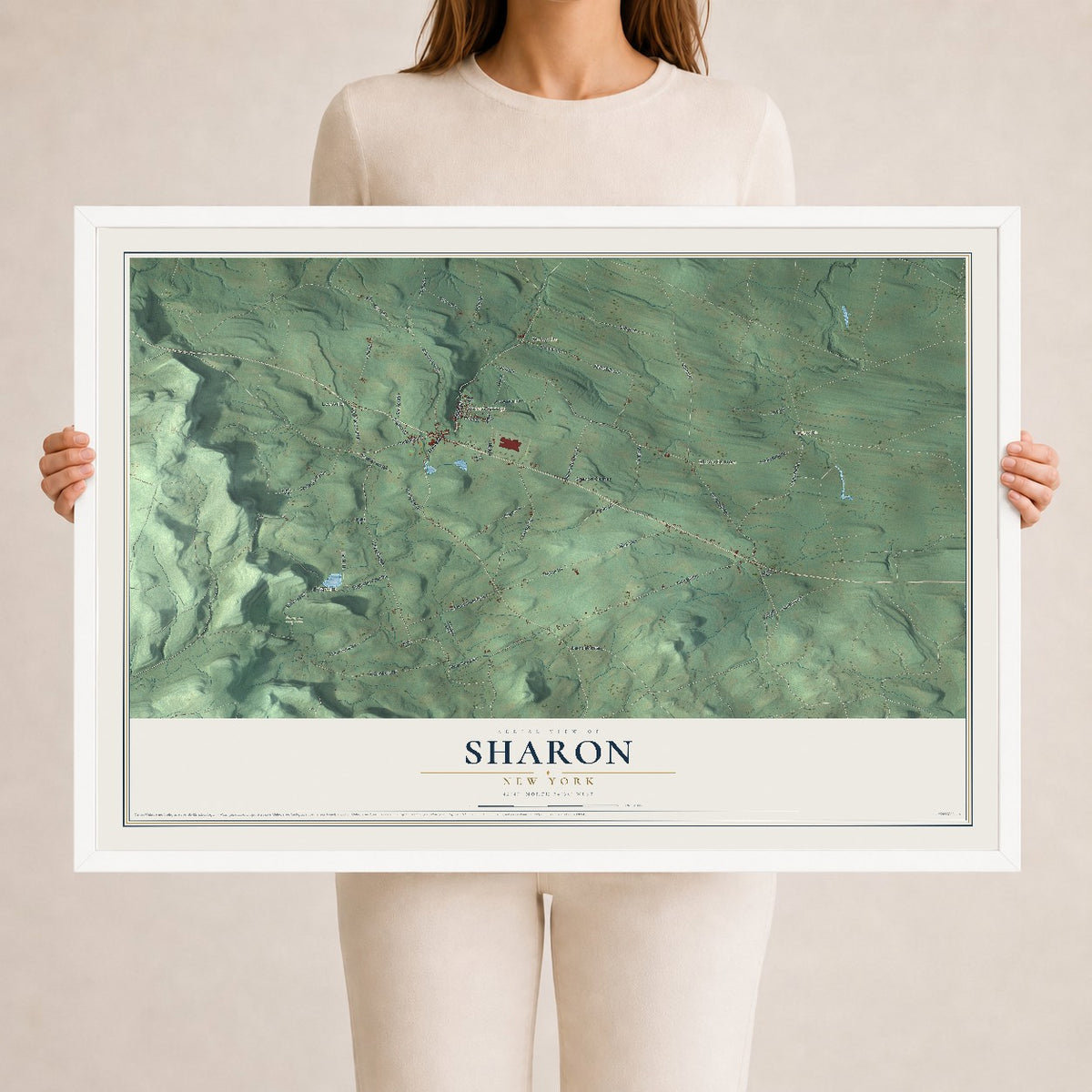 Sharon, New York map print, 24" x 36" W/ White Ayous Wood Frame mockup