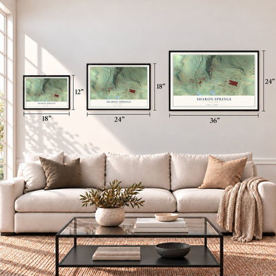 Sharon Springs, New York map in 12 x 18, 18 x 24 and 24 x 36 inch sizes above a sofa