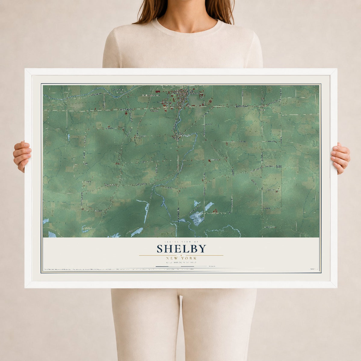 Shelby, New York map print, 24" x 36" W/ White Ayous Wood Frame mockup