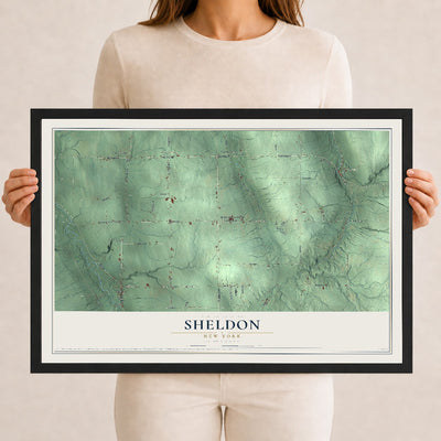 Sheldon, New York map print, 12" x 18" W/ Black Ayous Wood Frame mockup