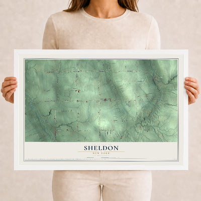 Sheldon, New York map print, 12" x 18" W/ White Ayous Wood Frame mockup