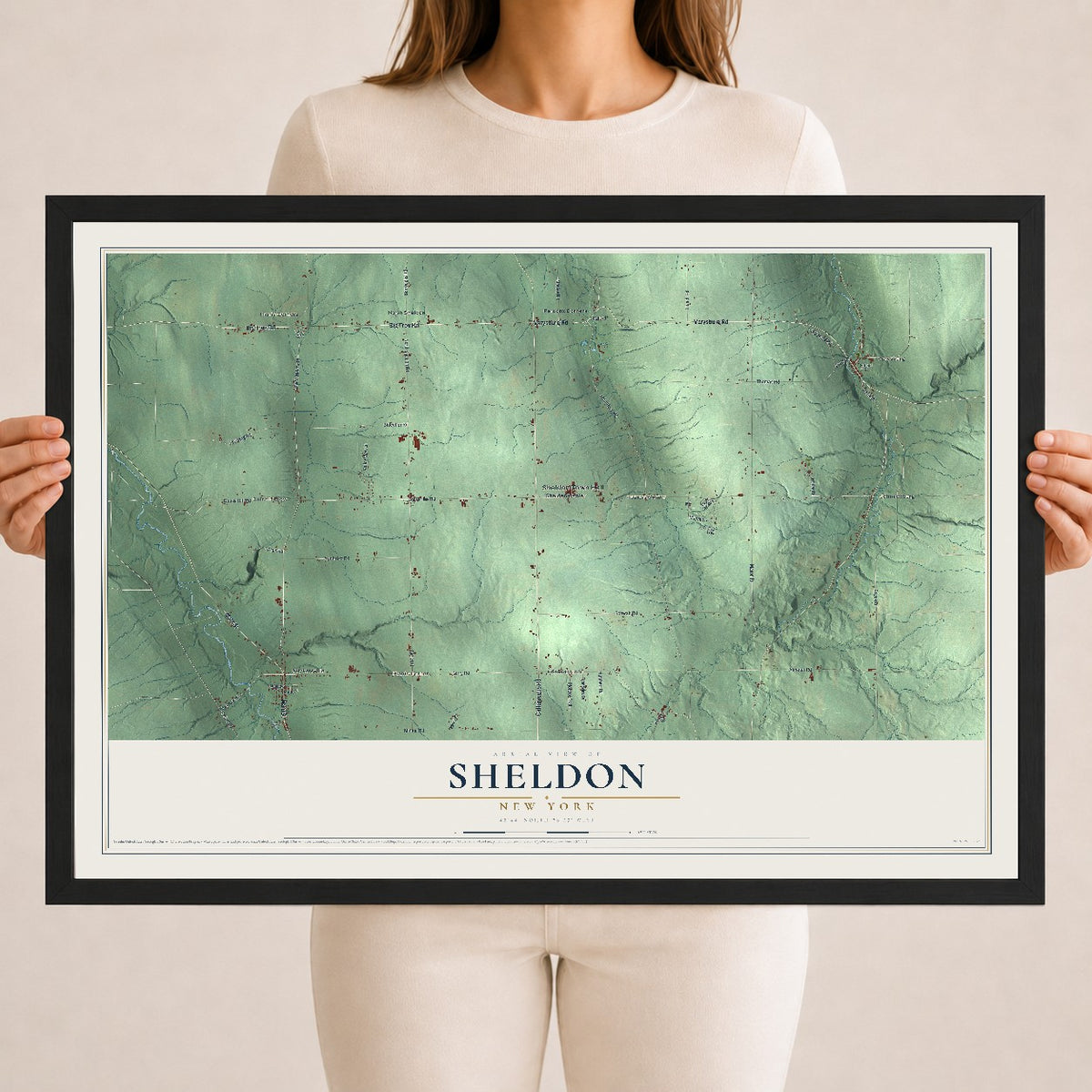 Sheldon, New York map print, 18" x 24" W/ Black Ayous Wood Frame mockup
