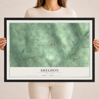 Sheldon, New York map print, 18" x 24" W/ Black Ayous Wood Frame mockup