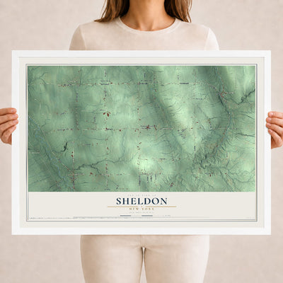 Sheldon, New York map print, 18" x 24" W/ White Ayous Wood Frame mockup
