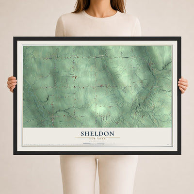 Sheldon, New York map print, 24" x 36" W/ Black Ayous Wood Frame mockup