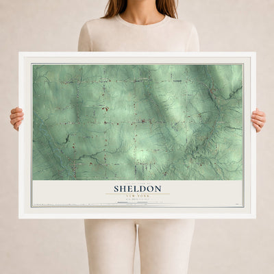 Sheldon, New York map print, 24" x 36" W/ White Ayous Wood Frame mockup