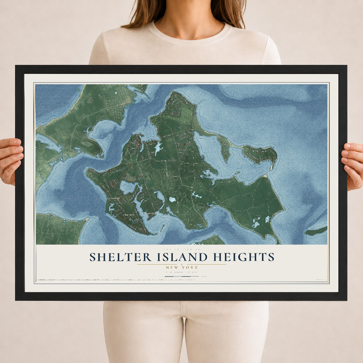 Shelter Island Heights, New York map print, 18" x 24" W/ Black Ayous Wood Frame mockup