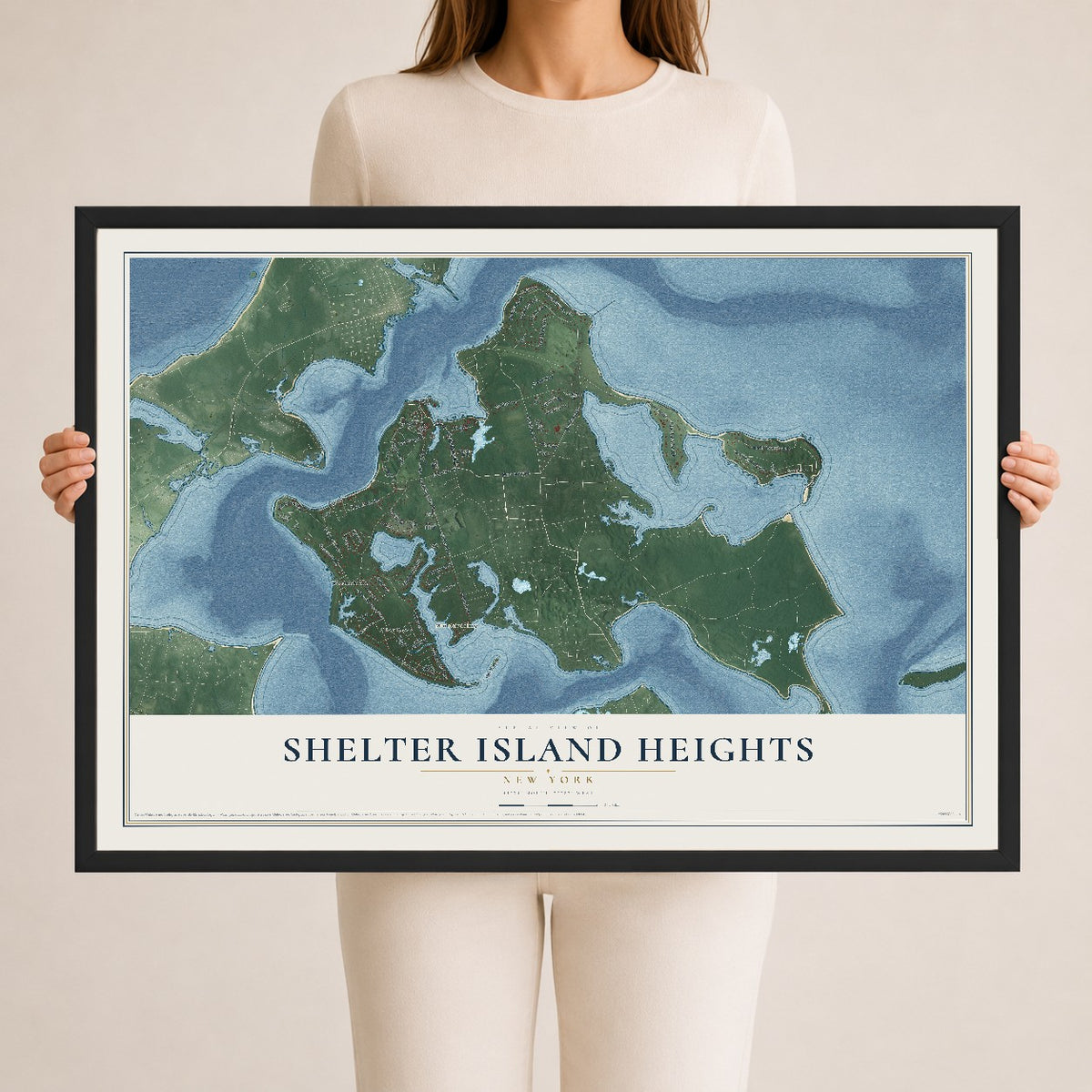 Shelter Island Heights, New York map print, 24" x 36" W/ Black Ayous Wood Frame mockup